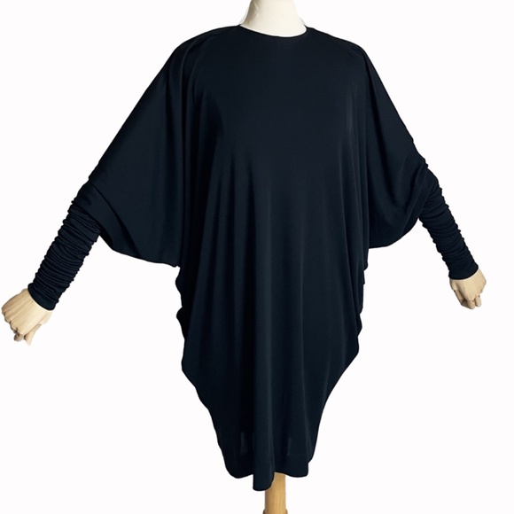 Norma Kamali OMO Dress Black Dolman Scrunchy Batwing Sleeve Vintage 80s Size M - Picture 5 of 15